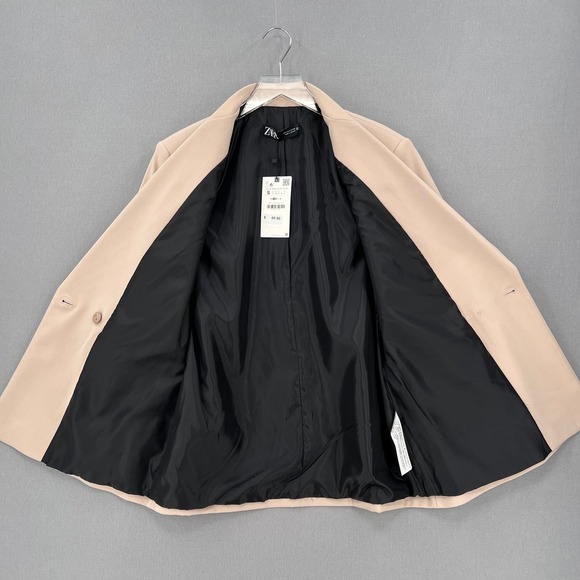 ZARA Oversized Double Breasted Blazer Womens Small Tan Long Sleeve Peaked Lapel - Picture 12 of 16